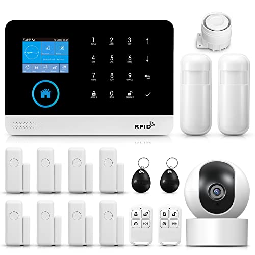 Sistema de Alarma doméstica inalámbrica,17 Piezas gsm WiFi Sistema Completo de Alarma antirrobo,Sirena de Alarma con PIR, Sensor de Puerta y Ventana, Control Remoto para apartamento,Garaje, Oficina